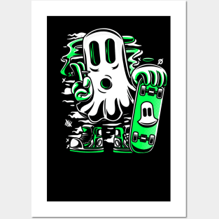 Skater Ghost Halloween Funny Green Posters and Art